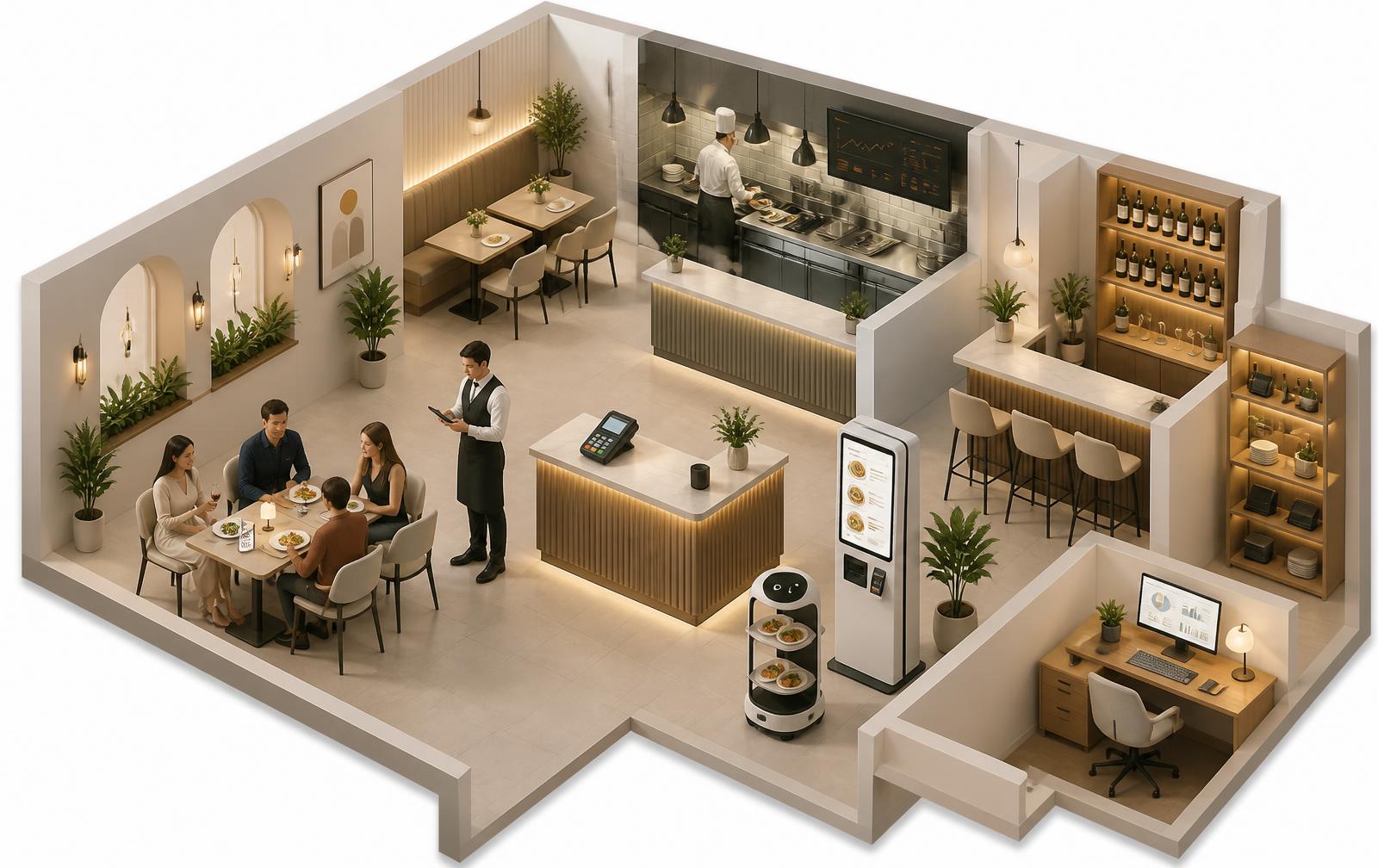 Isometrische Ansicht eines Lokals mit Gästen, Küche, Bar, Self-Order, Kartenterminal und Büro